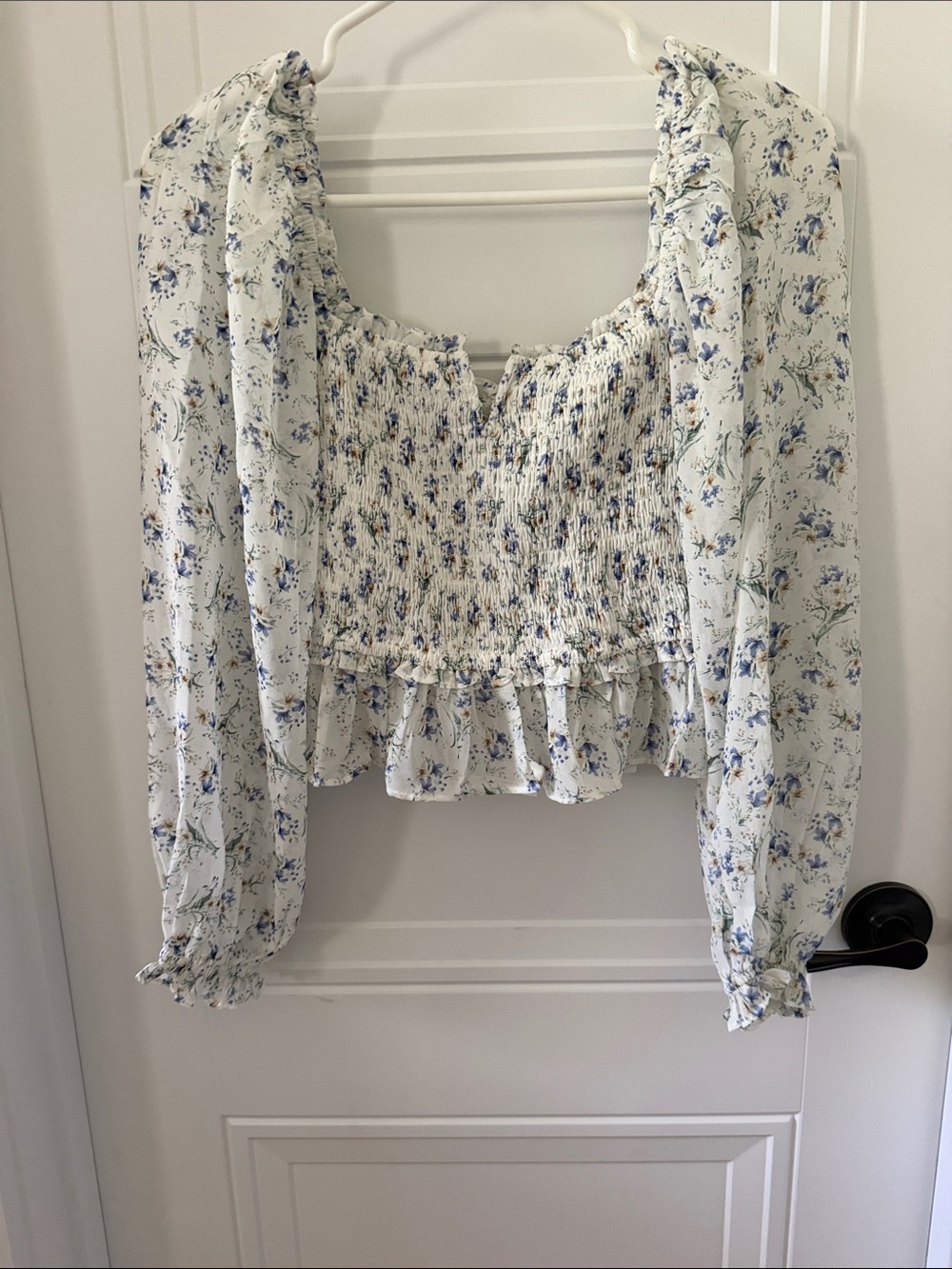 Petal & Pup White Smocked Floral Long-Sleeve Crop Top with Blue Print